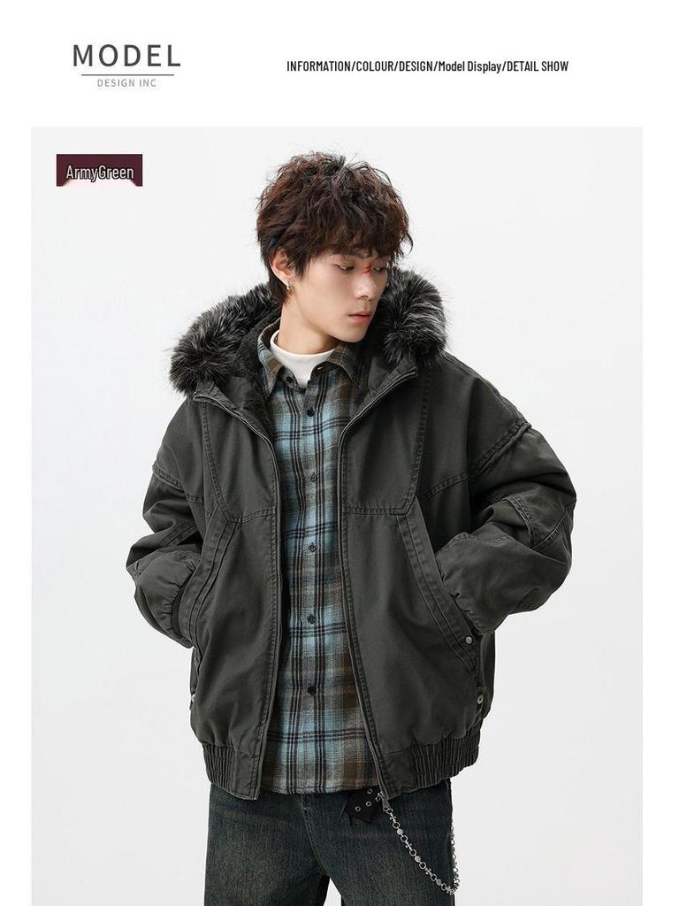 Men's Winter Retro Haute Couture Cotton Jacket with Fur Collar, Plus Velvet Thickened, Warm Outerwear.