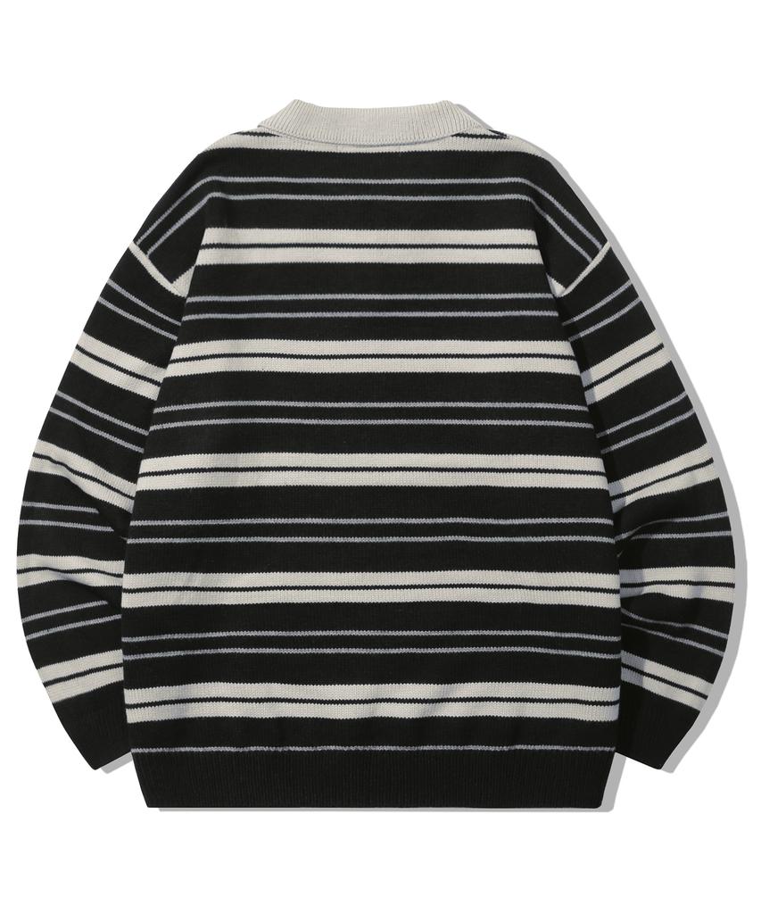 TRILLION Washable Striped Button Collar Neck Knit [Black]