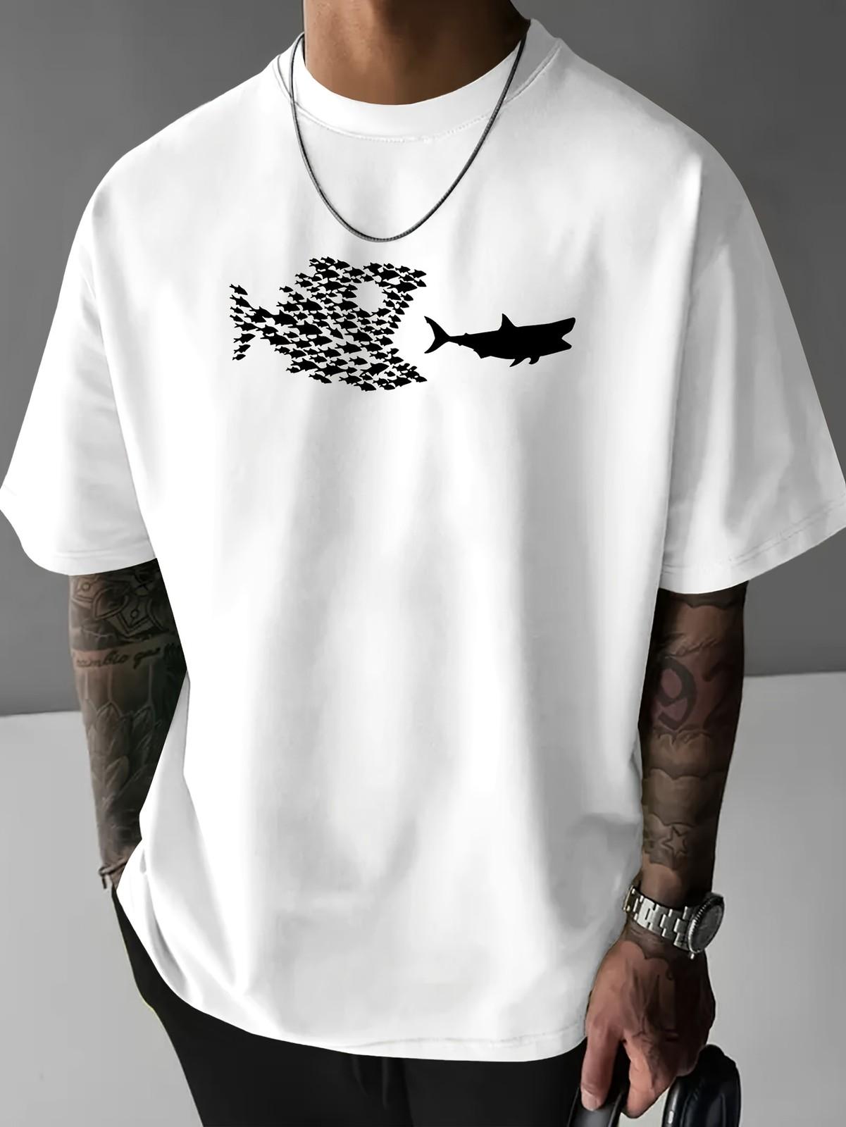 Men s Big Fish Print T-Shirt - Crew Neck Short Sleeve Tee with Fish S разноцветный