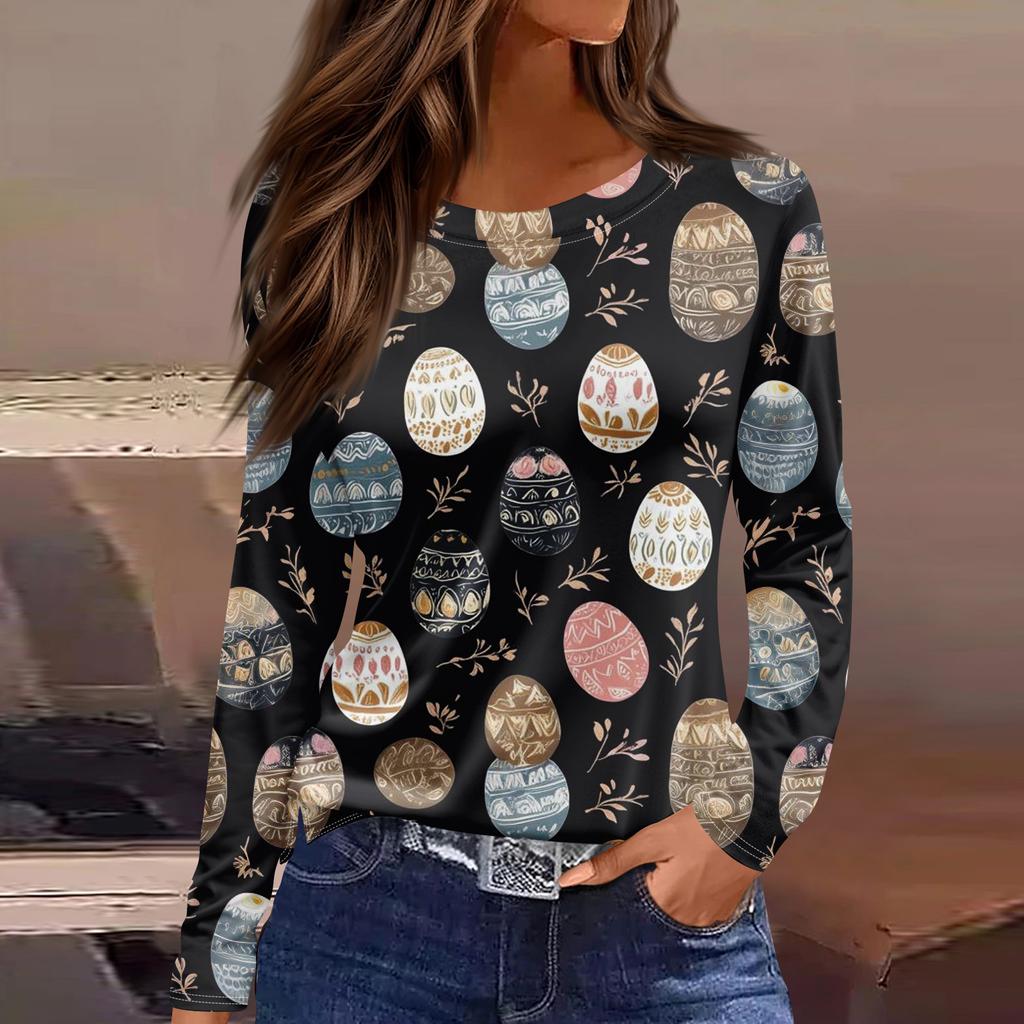 Women's Fashion Casual Slit Hem Round Neck Long Sleeve Loose Printed T-Shirt Ladies Top