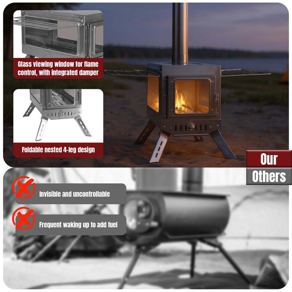 Portable Wood Burning Stove with Chimney Pipe Outdoor Heating Stove Rust Proof Fire Viewing Wood Stove for Travel Picnic
