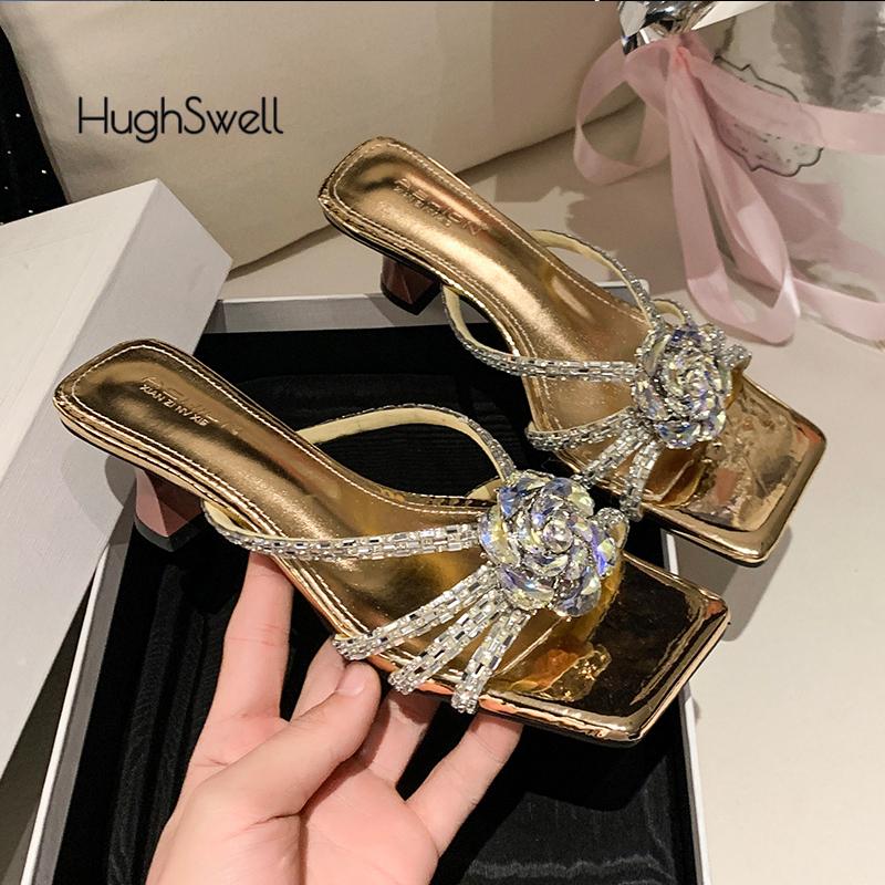 Fashion Luxury Crystal Flower Heeled Sandals Woman Brand Design High Heel Rhinestone Strap Mule Slide Ladies Bling Square Toe Party Shoe