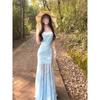 Blue mesh floral suspender dress women's summer seaside vacation beach dress slim hip fish tail long skirt