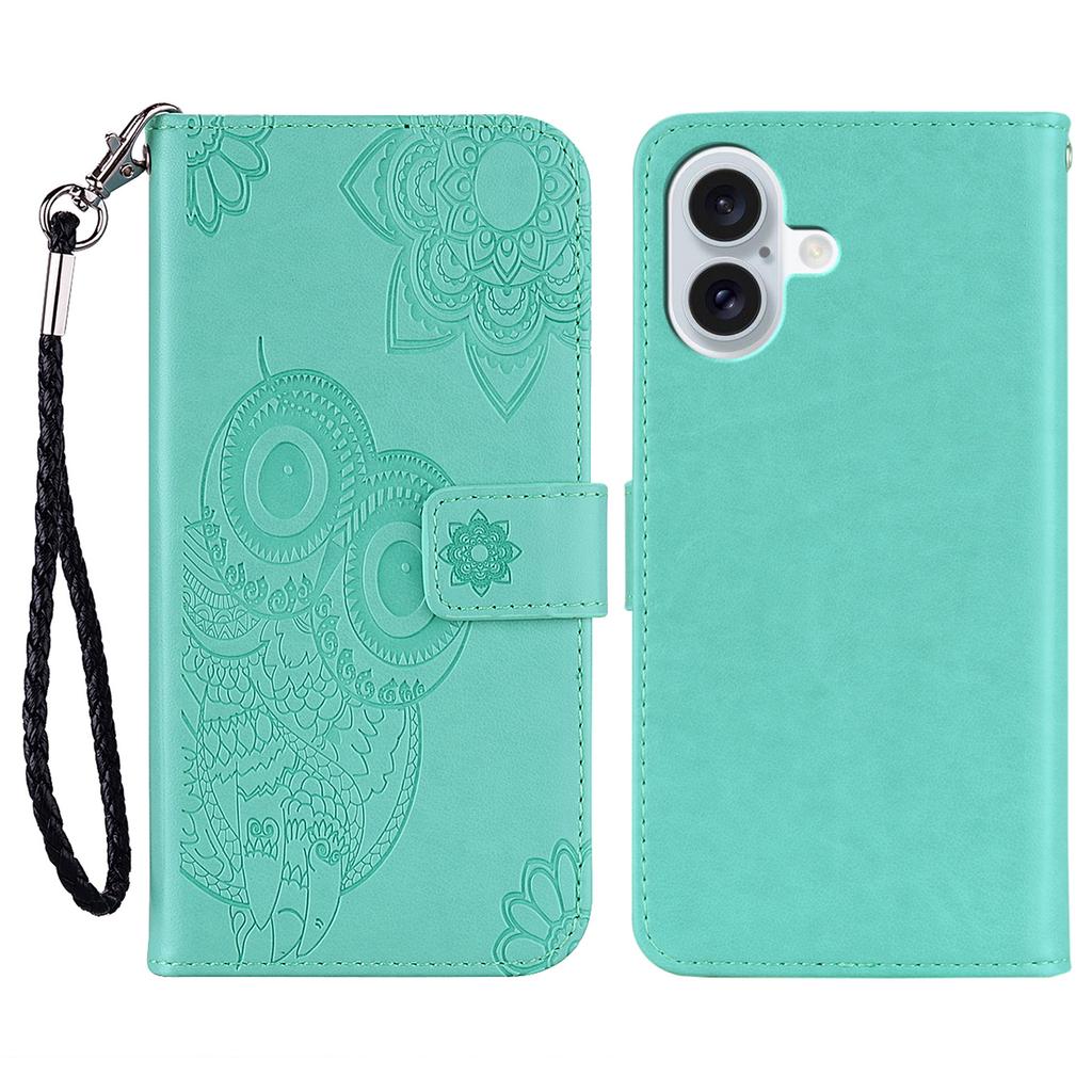 For iPhone 16 Plus Case Owl Flower Imprinted Leather Cover Wallet with Strap
