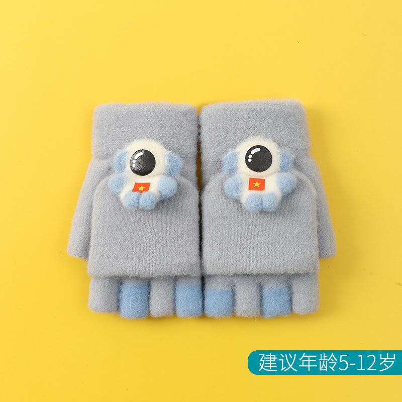 Xuehuaxiu Children's Gloves Cute Cartoon Astronaut Half Finger Flip Student Warm Knitted Gloves Wholesale