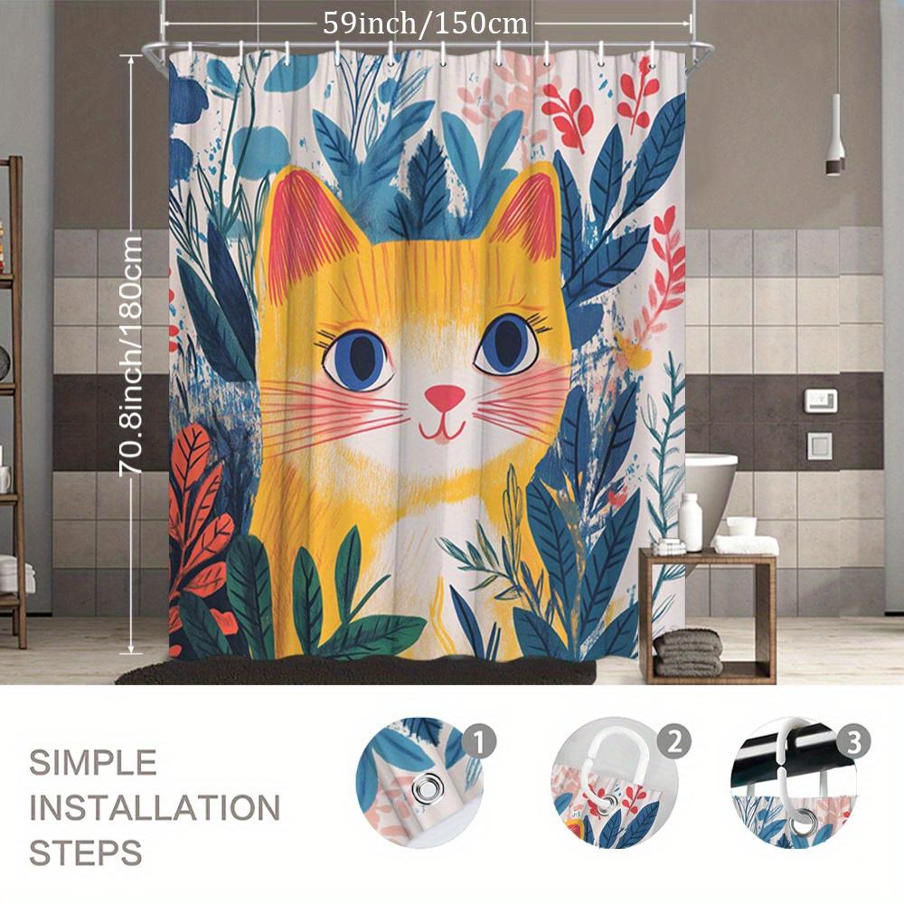 Waterproof Adorable Cat Shower Curtain With Colorful Flowers And Playful Design For A Fun Bathroom Look