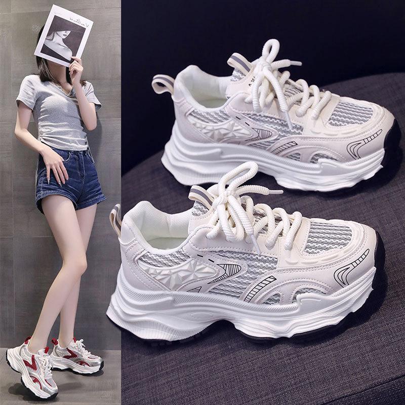 Fried Street Platform Dad Shoes Women's Height Increase Versatile Casual Shoes New Spring and Autumn Breathable Silver Sneakers