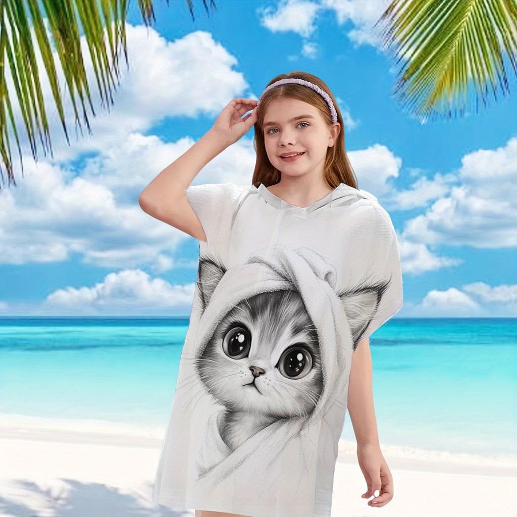 Cute Kitten Hooded Beach Towel 2D Oversized Quick Dry Sand Free Towel for Beach Pool Swimming Travel Soft Absorbent Towel Gift