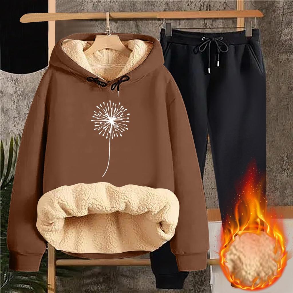 Women's Fashion Printed Padded Thickened Hooded Sweatshirt Casual Two Piece Set