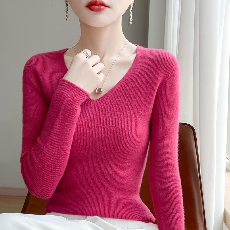 New Autumn and Winter Women's Pullover Sweater Long-sleeved Tight Slimming Knitted Sweater V-neck Slimming Base Layer