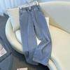 Women's Light Blue Plush Elastic Waist Wide-Leg Jeans, 2025 Spring/Autumn, Thickened, 9/10 Straight Leg.