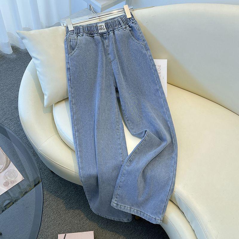 Women's Light Blue Plush Elastic Waist Wide-Leg Jeans, 2025 Spring/Autumn, Thickened, 9/10 Straight Leg.