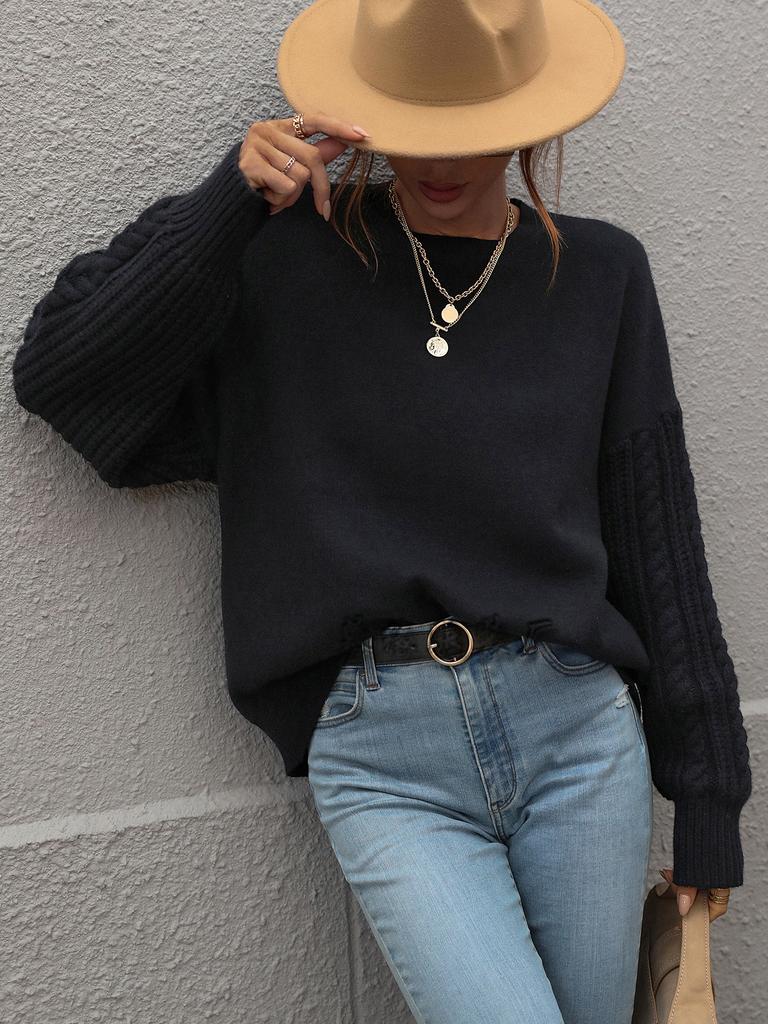 Autumn and Winter Solid Color Knitted Sweater Women's Long-sleeved Thick Needle Round Neck Twisted Rope Top European and American Sweater Women