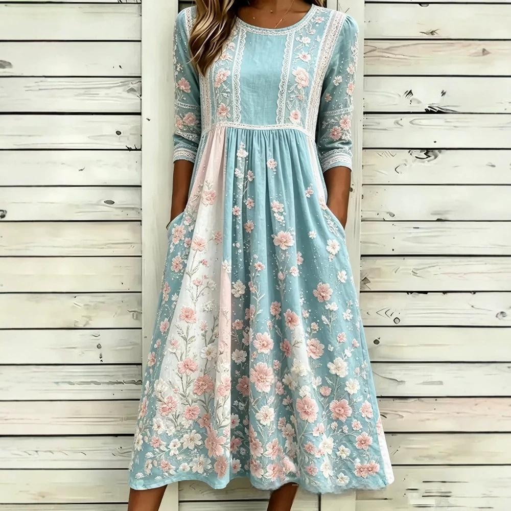 Women's Crew Neck Long Sleeve Loose Fit A-Line Midi Dress Casual 3D Floral Print
