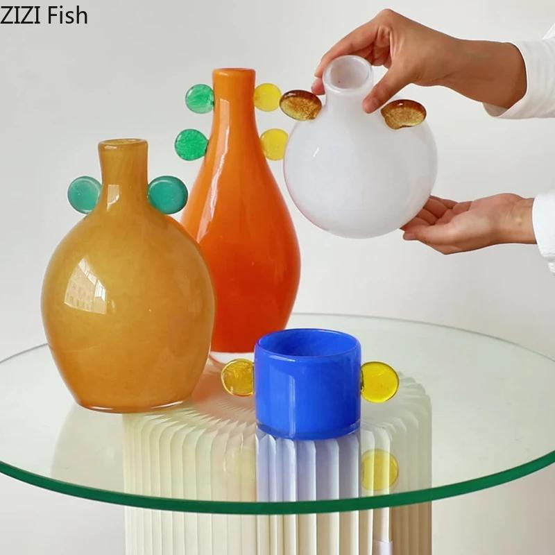 Color Gradient Glass Vase Desk Decoration Artificial Flower Decorative Flowers Arrangement Colorful Vases Room Aesthetic Decor