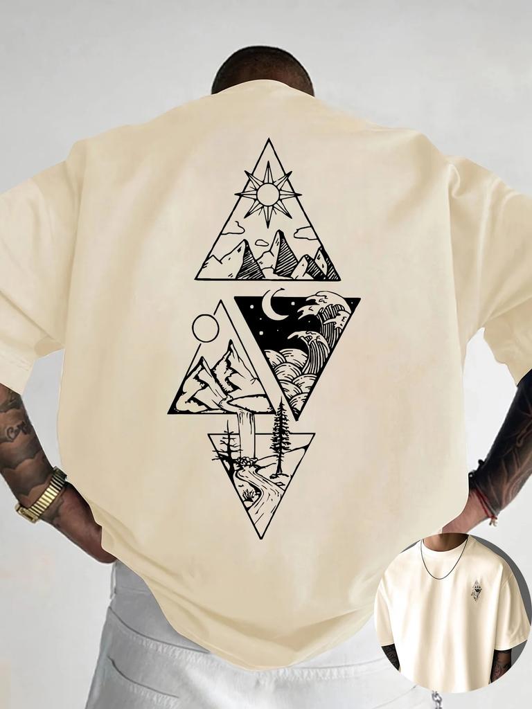 Reine Baumwolle Unisex Geometrisches Dreieck T-Shirt Berg Sonne Mond Natur Druck Kurzarm Tee Unisex Unisex Streetwear