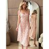 Summer French floral suspender dress, lace-up waist slim split A-shaped skirt medium and long vacation skirt