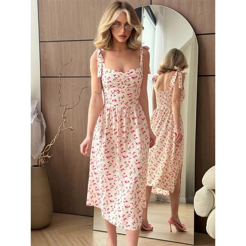 Summer French floral suspender dress, lace-up waist slim split A-shaped skirt medium and long vacation skirt