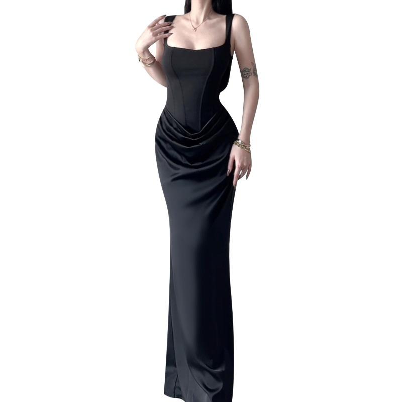 Vestido con Tirantes Ilya Francés Sexy Hottie Tirante de Espina de Pescado Cintura Cadera Vestido Largo