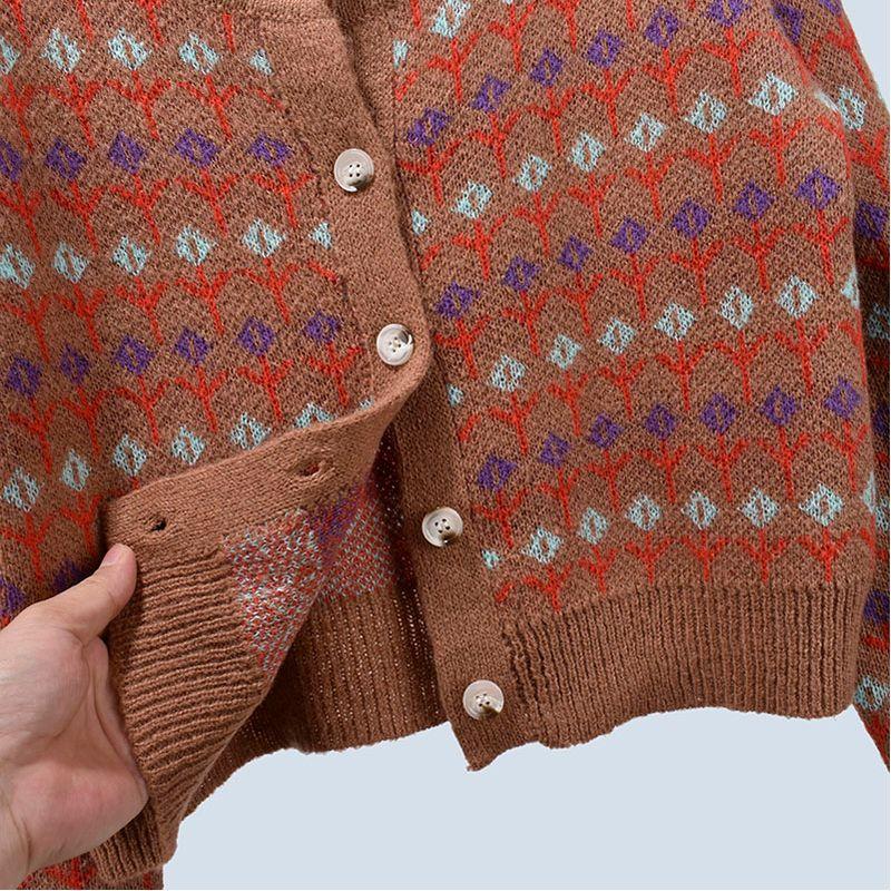 Autumn Crew Neck New Arrival Jacquard Retro Women's Single-Breasted Knitting Sweater Cardigan Coat Women's Short Loose