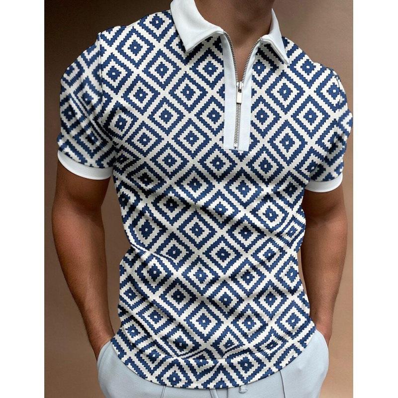 Trendy chain print short-sleeve zip polo shirt, stylish men's casual wear.