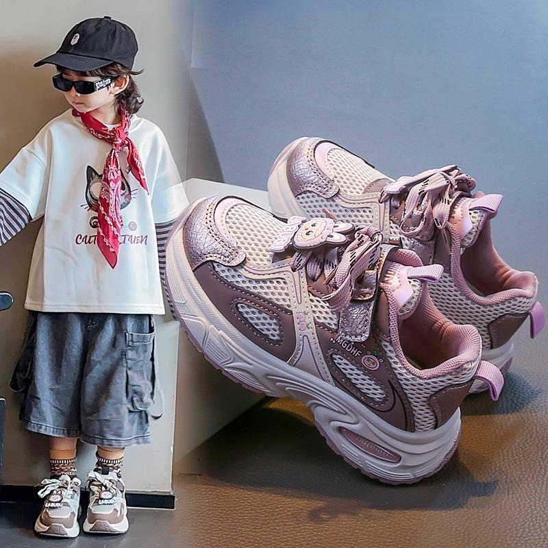 

Спортивная обувь для девочек 2025 весна и осень кожаная поверхность новая мода кроссовки папы мальчики и девочки дышащая нескользящая мягкая подошва повседневная для бега 37 inner length 22.3cm фиолетовый