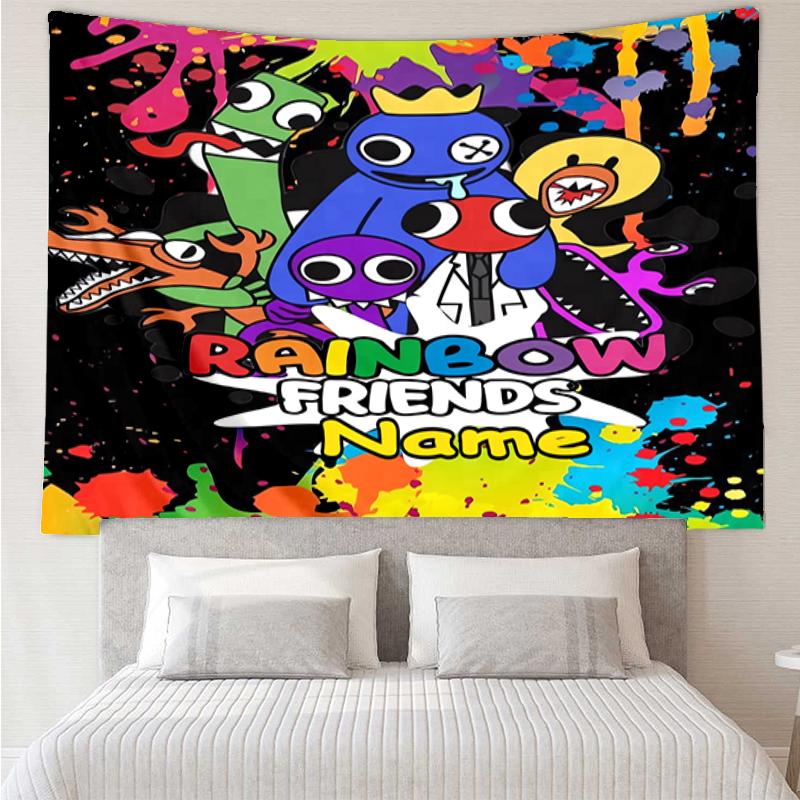 Custom Name Rainbow Friends Print Tapestry, Backdrop, Easy Setup, Ideal for Bedroom, Office & Living Room, with Aesthetic Wall Hanging Decor.