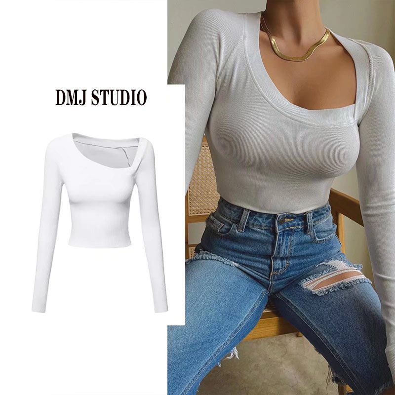 

Autumn and Winter DMJ Diagonal Collar Chest Slim Solid Color Long Sleeve T-shirt Khakis M