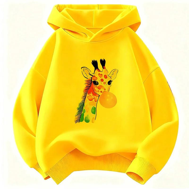 Giraffe Print Rubber-print Children's Hoodie, 90s Style, Suitable for Both Boys and Girls, Casual Hip-hop Clothing.