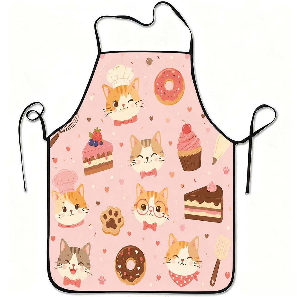 1pc Cute Cartoon Cat Dessert Donut Cupcake Cake Print Apron, Durable and Easy to Clean, Adjustable Waistband, Polyester Material, for Kitchen Cooking,