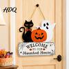 Creative Holiday Souvenir Halloween Wood Welcome Door Sign, Pumpkin Ghost Black Cat Hanging Decor for Spooky Party Supplies Front Door, Rustic