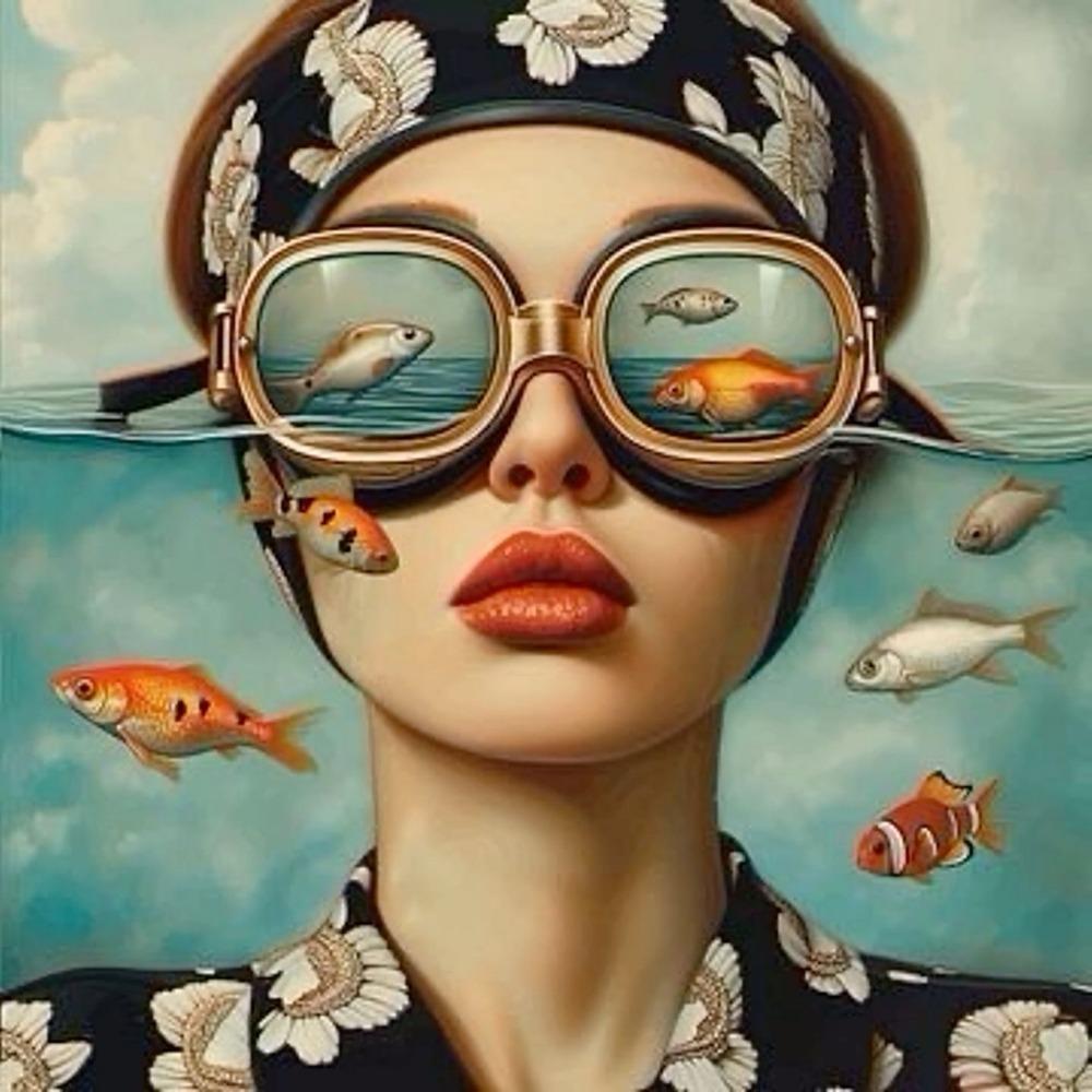 Surrealist Female Portrait Oil On Canvas Wall Art Fantastic Fantasy Fish and Girl Poster Printed Living Room Home Decor