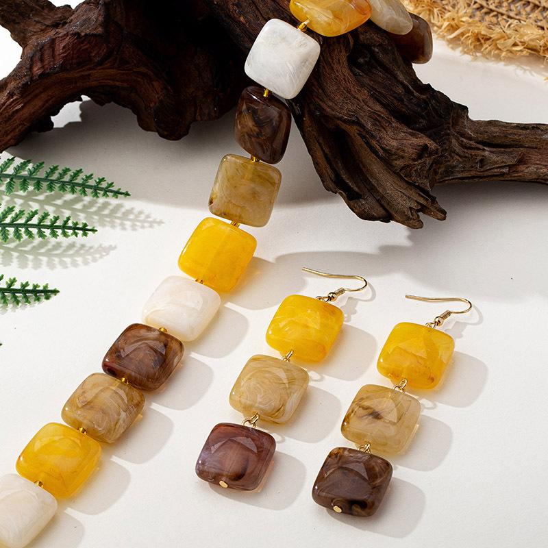 Beach Style Retro Amber Square Beaded Necklace for Women Earrings Accessories