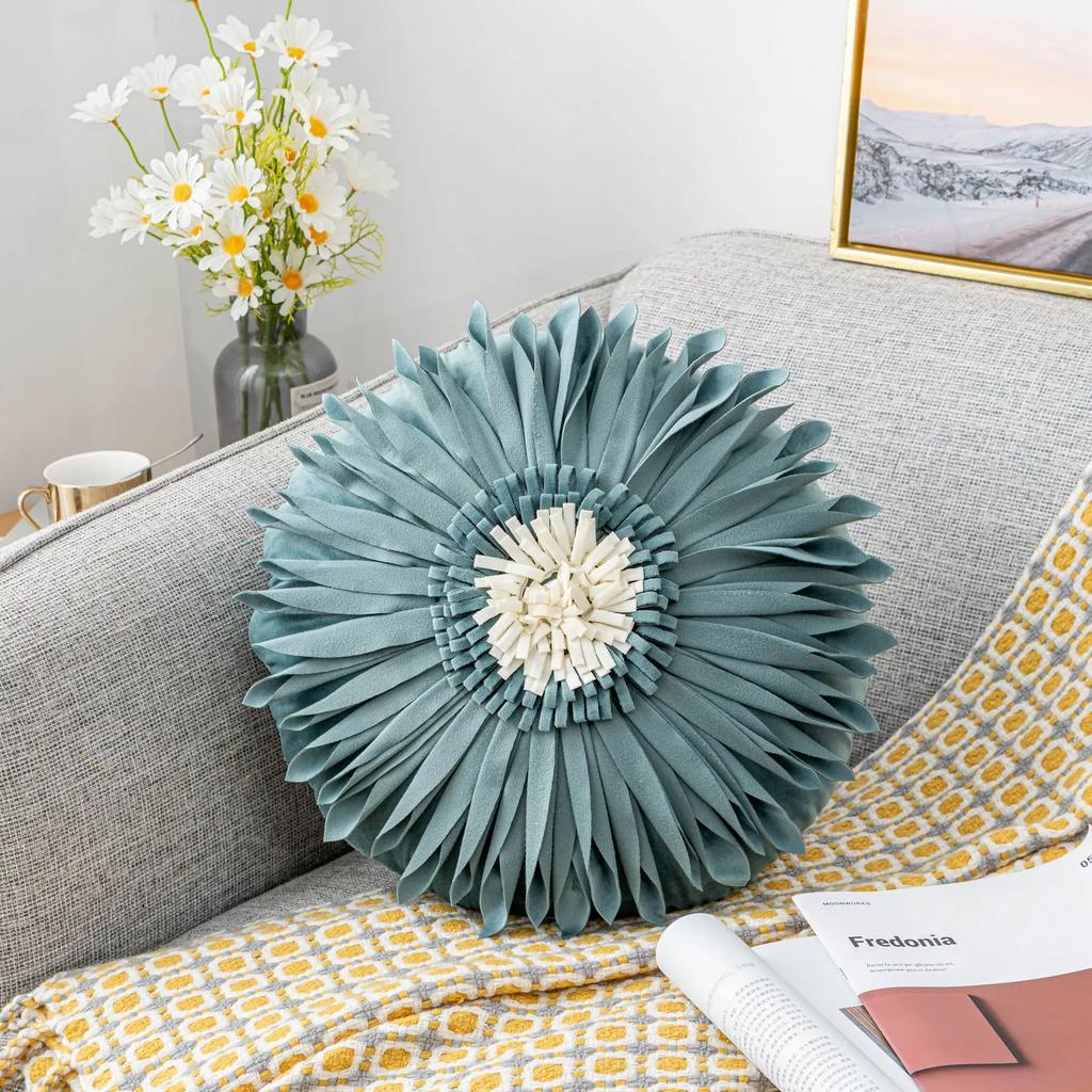 Fashion Modern Style Pink White Throw Pillows 45*45cm Velvet Stitching 3D Chrysanthemum Cushion Waist Pillow Blue Cushion Case