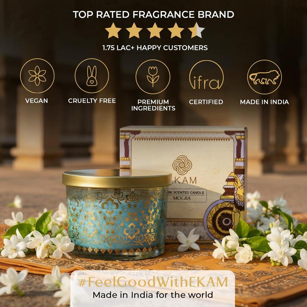 EKAM 2025–26 Festive Fragrance Gift| Scented 3 Wick Candle| Mogra