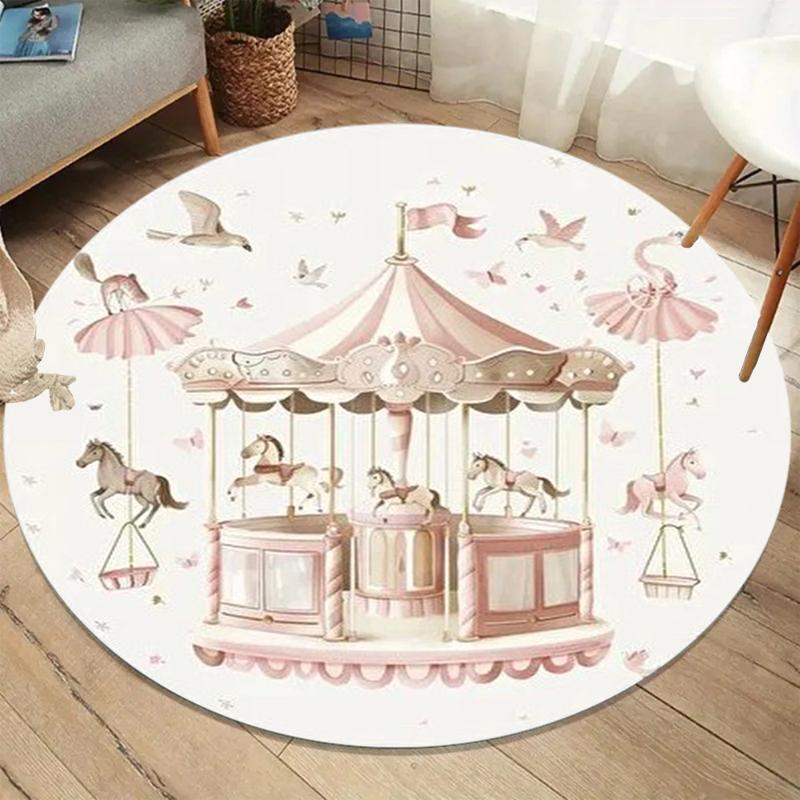 

Carousel Round Carpet Pink Princess Pattern Rug for Kids Room Living Room Bedroom Soft Floor Mat Cute Nursery Home Decoration 80cm x 80cm