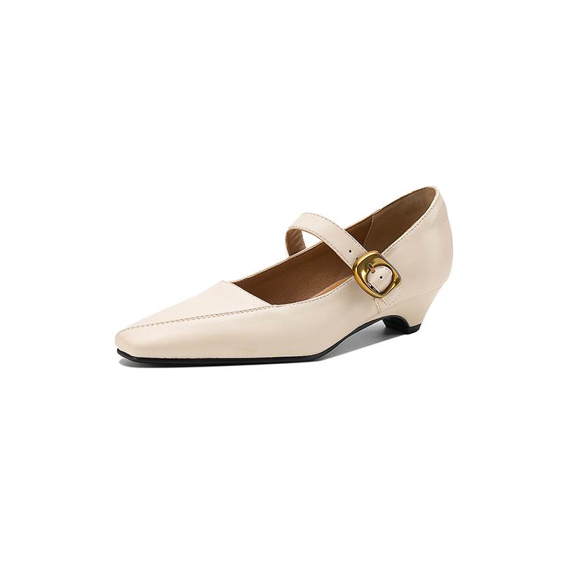 Krazing Pot Microfiber Square Toe Thick Med Heels Spring Summer Shoes Big Size 43 Metal Buckle Women Office Lady Pumps