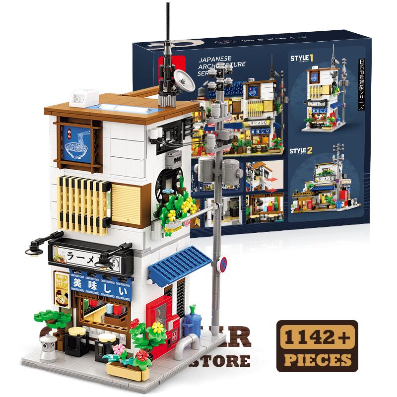 Non-Toxic New City Japanese Style Store Building Blocks Led Playroom Moc Bricks Puzzle Toy Street View Shop Model Adult Birthday Gifts Diy