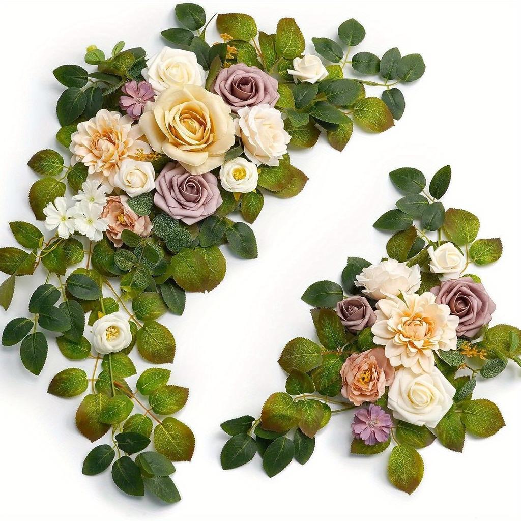 2Pcs Outdoor Wedding Simulation Rose Green Plant Welcome Corner Flower Decoration Set for Outdoor Patio Garden Home Wedding Holiday Party Decoration