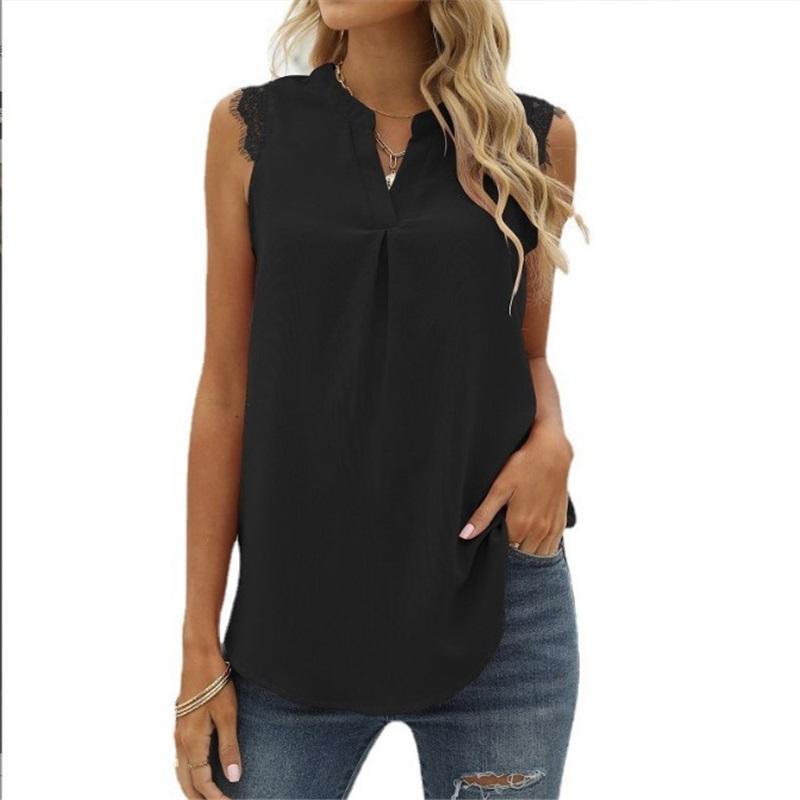 Spring Summer Solid Color Shirt Loose Fit V Neck Sleeveless Lace Trim Top Elegant Casual Blouse Everyday Wear Stylish And Comfortable Women Apparel