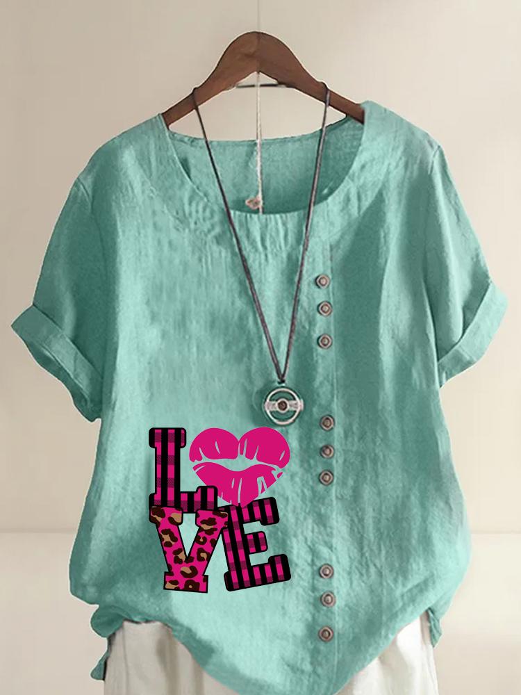 Women's Fashion Love Letters Print Shot Sleeve T-shirt Loose Cotton Shirt Casual Loose Summer Blouse Tops Plus Size