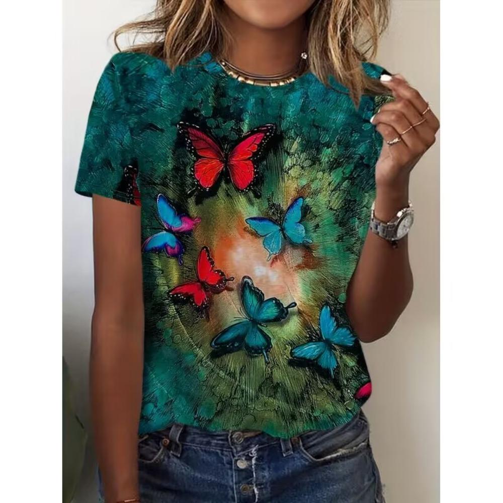 

Women s T-shirt with Watercolor Flowers/butterflies/cats, Casual Round-neck Short-sleeve Patterned T-shirt XL