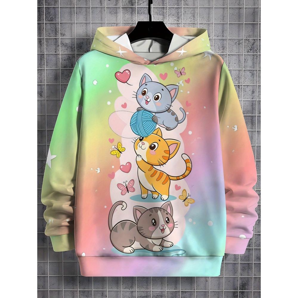 Girl Sweatshirt Pink Gradient Hoodie Cute Cat Print Spring Autumn Casual Pullover Long Sleeve Kids Clothing Top