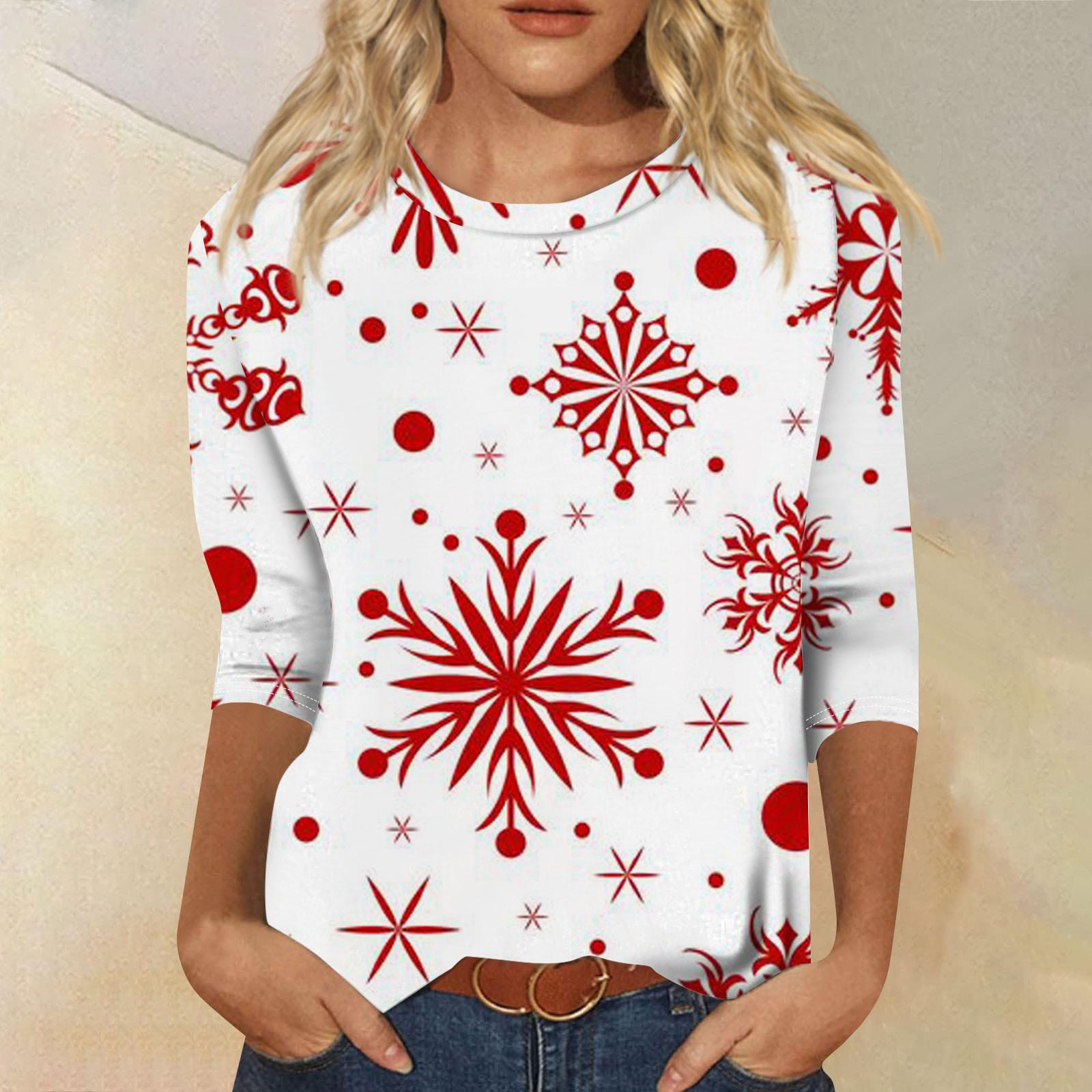 

Женская мода повседневная рубашка с круглым вырезом и рождественским принтом, семь рукавов XXL красный
