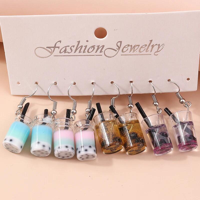 4 Paar Bubble Tea Tropfenohrringe Set für Damen Simulation Weinbecher Ohrringe Mädchen Party Schmuck Geschenke
