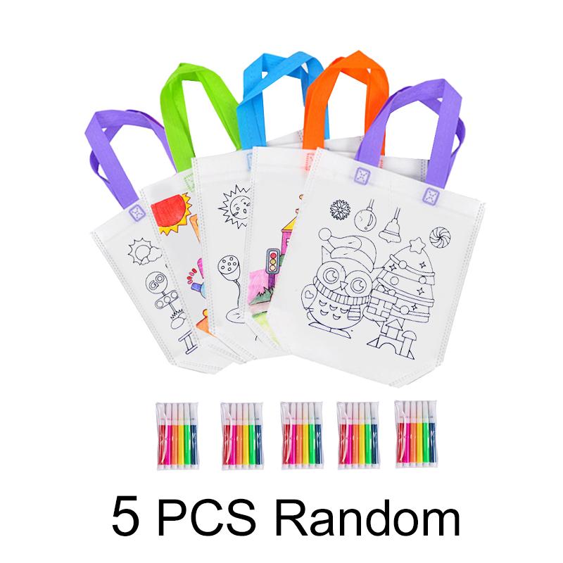 DIY Coloring Goodie Bags with Coloring Markers Party Gift Bags for Kids Toy Storage Bag Eco Non-Woven Fabric Drawstring Bags