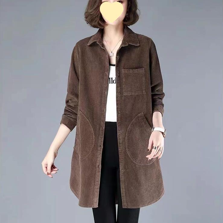 

Свободная вельветовая куртка-ветровка для весны и осени - Большой размер, стиль мамы, средней длины, закрывающая живот, с длинным рукавом L for 45-55 kg кофейный