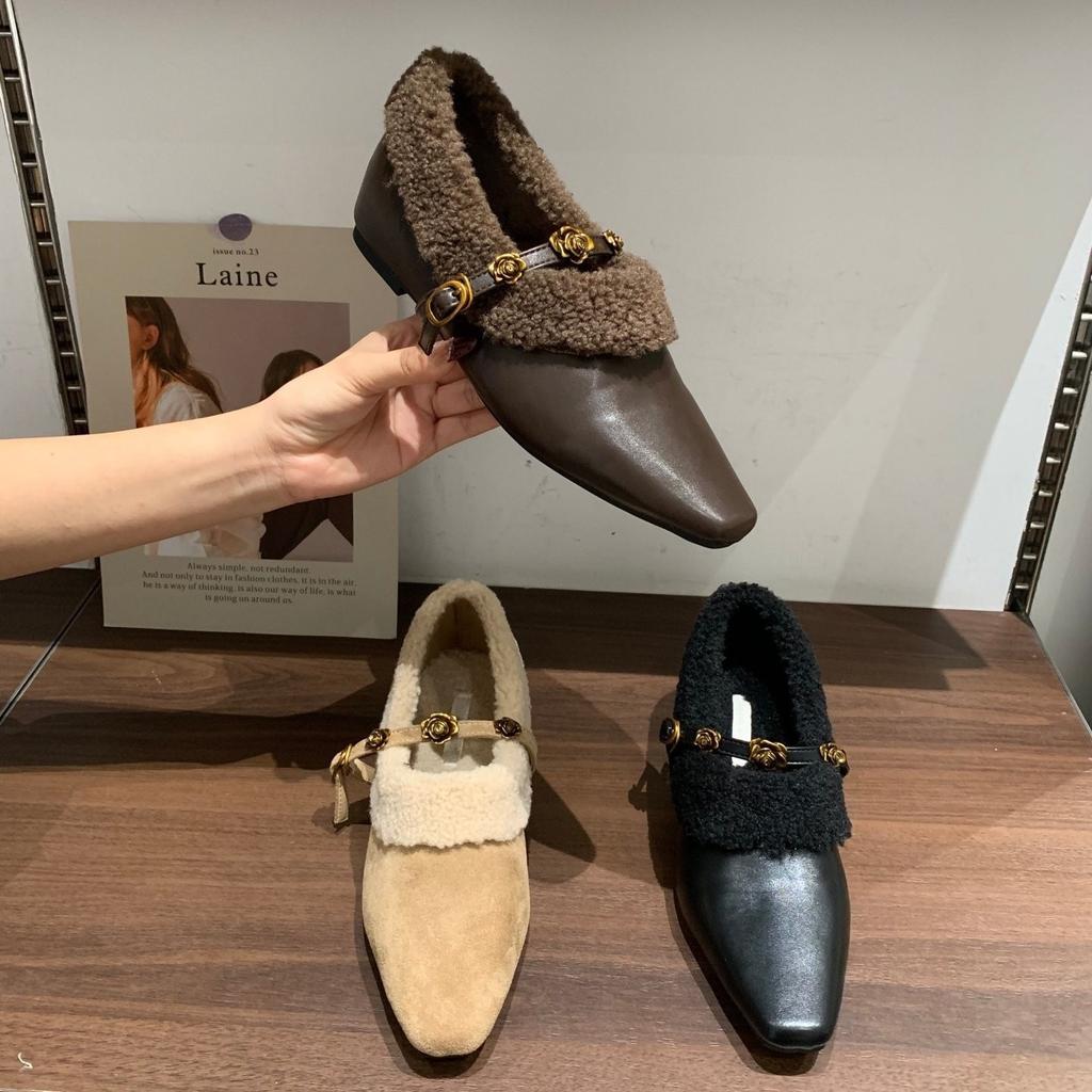 Small fragrant wind inner height increase velvet square head Mary Jane shoes thick-soled wool loafers