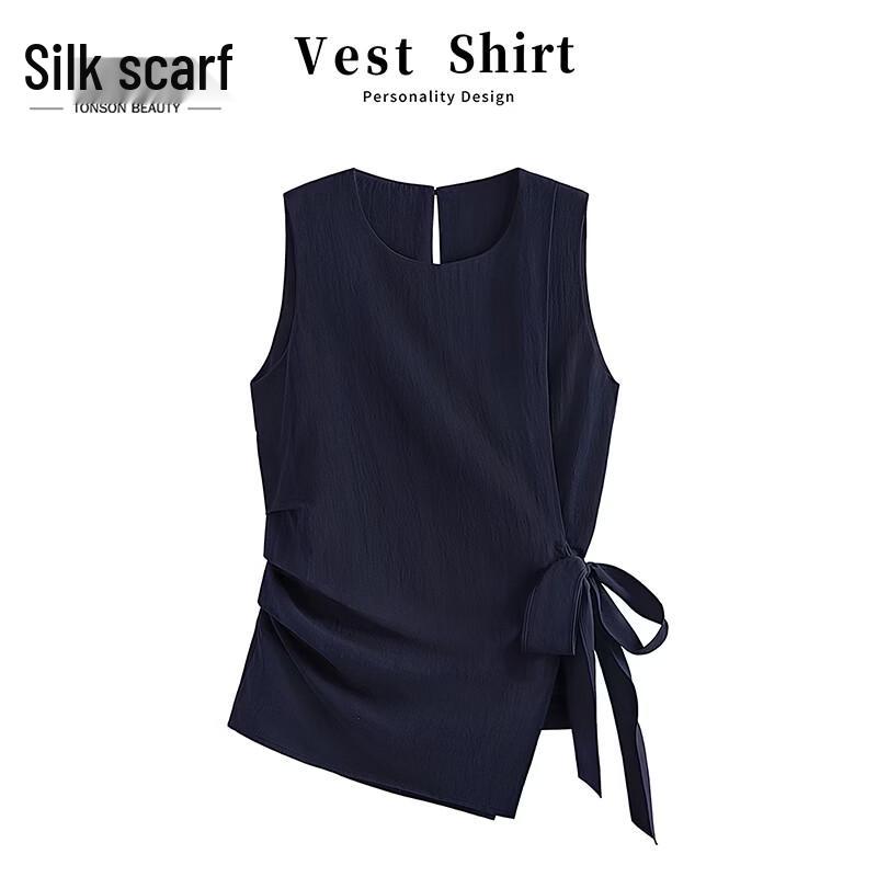 Sibaishe Women s Solid Color Tie-Waist Sleeveless Blouse L темно-синий