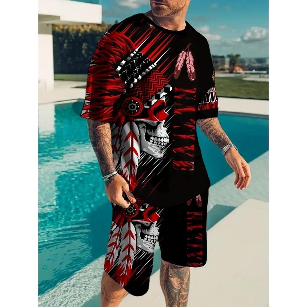 Summer Men Hip Hop Style Printed Men's Crew Neck T-shirt Shorts Set  Fashionable Cartoon Print Street Casual Everything